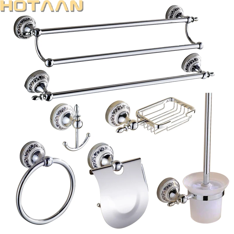 Luxury Towel Rack Wall Mounted Bathroom Accessories Set Ceramic Stainless Steel  Bath Hardware Sets Chrome Toilet Brush Holder