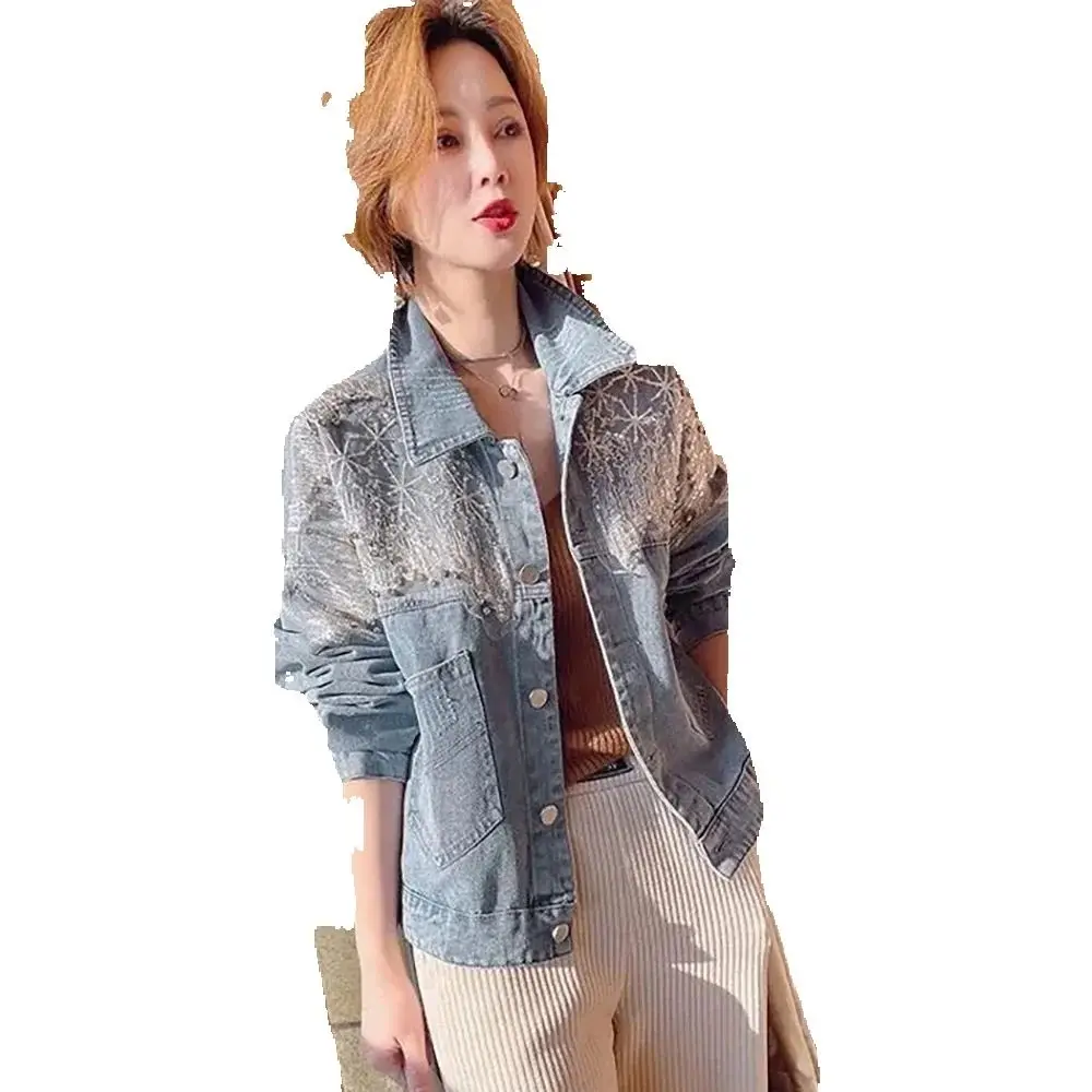 

Online Celebrity Sequined Heavy Industry Diamond-encrusted Denim Jacket New Style Loose And Slim Korean Long-sleeved Short Coat.