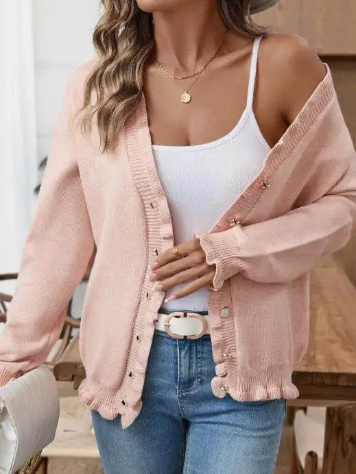 

2025 Autumn and Winter Women's Knitted Cardigan Jacket, Fashionable and Elegant, with Black Fungus Edge Button Sweater Top