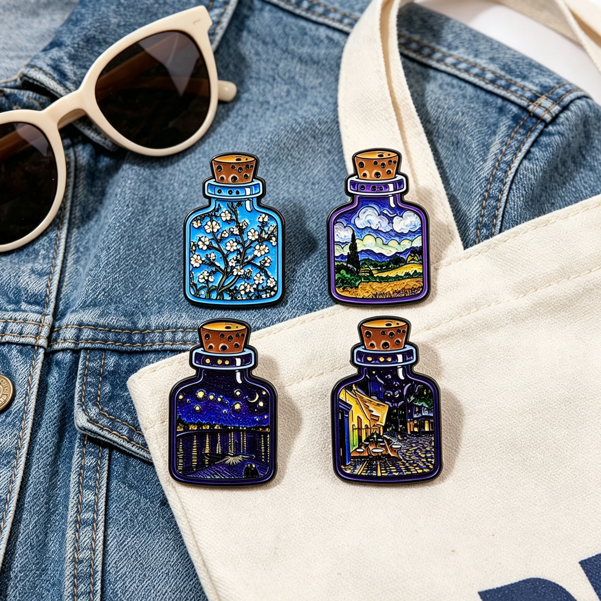 1-4 Stück/Set Van Gogh Flaschen-Emaille-Pins Ölgemälde Anstecknadeln Abzeichen für Rucksack-Dekoration Schmuck-Accessoires Geschenke für Freunde