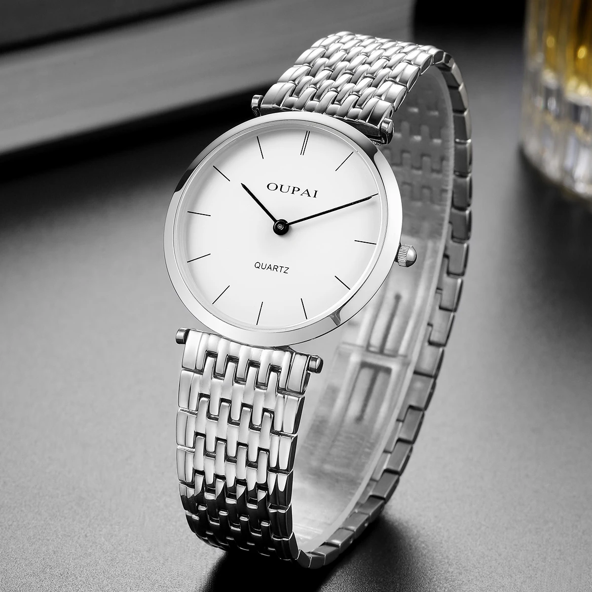 Oupai Men's Watch slivery Round Thin 6mm Thickness Dial Stainless Steel Strap Quartz Movement Daily Classic