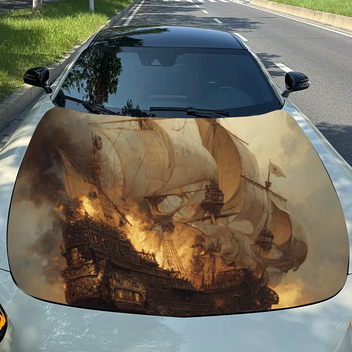 

Striking Burning Sailboat PVC Car Engine Hood Vinyl Wraps, Self-Adhesive Waterproof Car Hood Decal Sticker, Car Decoration Prote