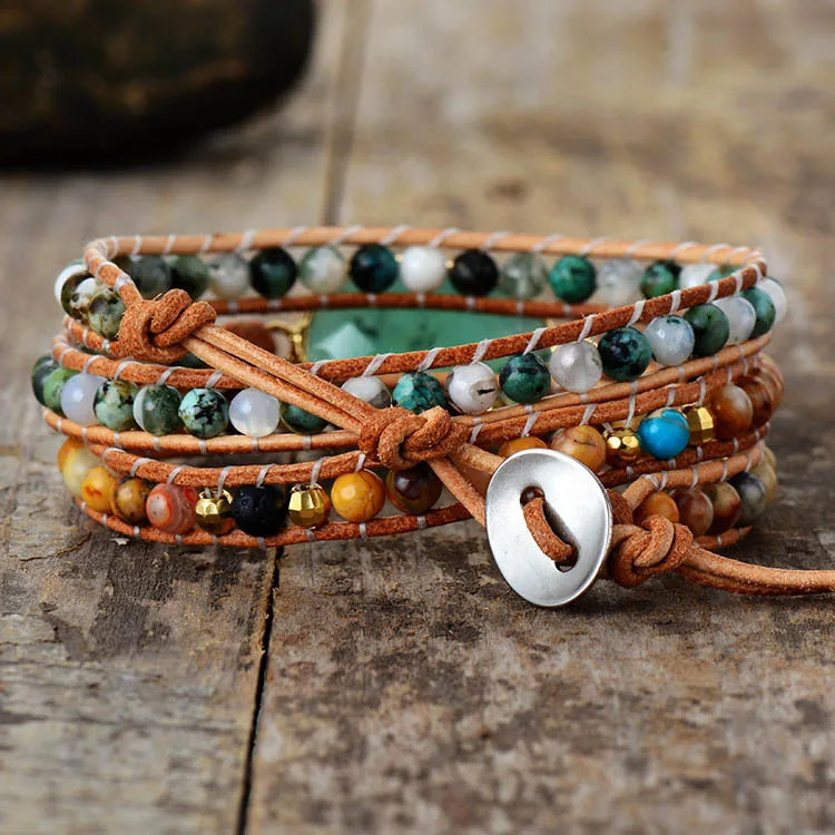 Custom Handmade Natural Stone Agate Bohemian Multi Layer Leather Wrap Bracelet For Women Personalized Mixed Beaded Jewelry Gift