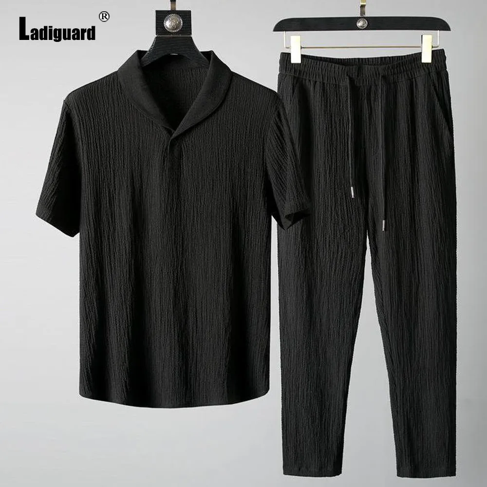 Ladiguard 2024 Men Casual Thin Two Piece Sets White Notched Blouse and Elastic Waist Pants Suit Male Stand Pocket Tracksuit Set