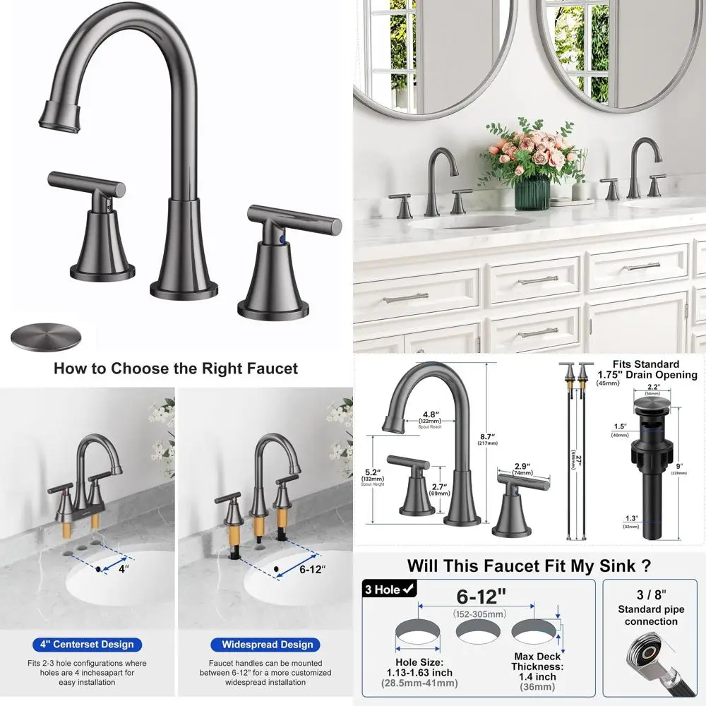 

8 Widespread Brushed Grey Sink Faucet with Pop-up Drain & Supply Hose, Lead-Free Stainless Steel for Vessel Sinks & Vanities
