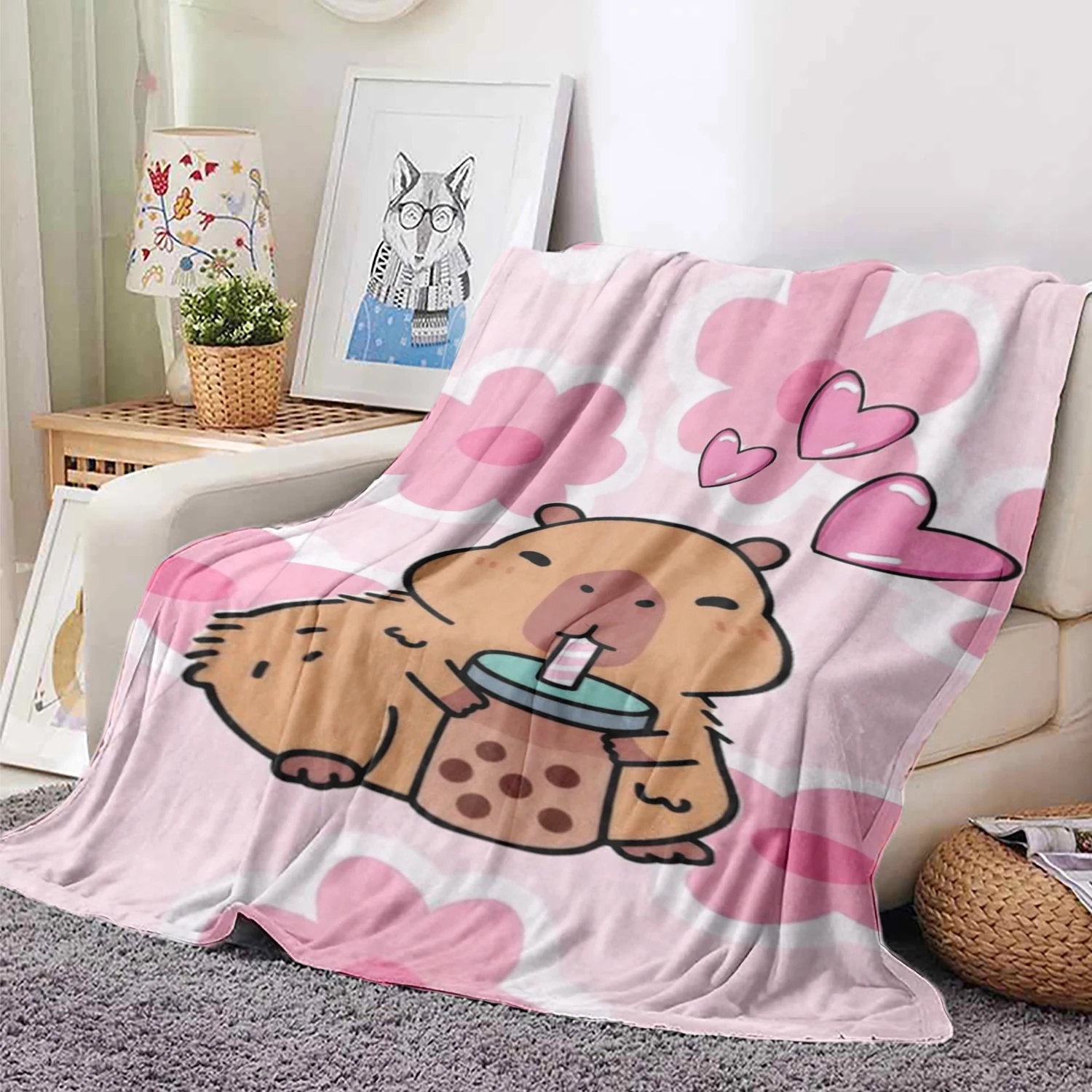 Soft Flannel Cartoon Capybara Print Throw Blanket Flannel Cozy for Home Office Nap Gift for Family and Friends Blanket