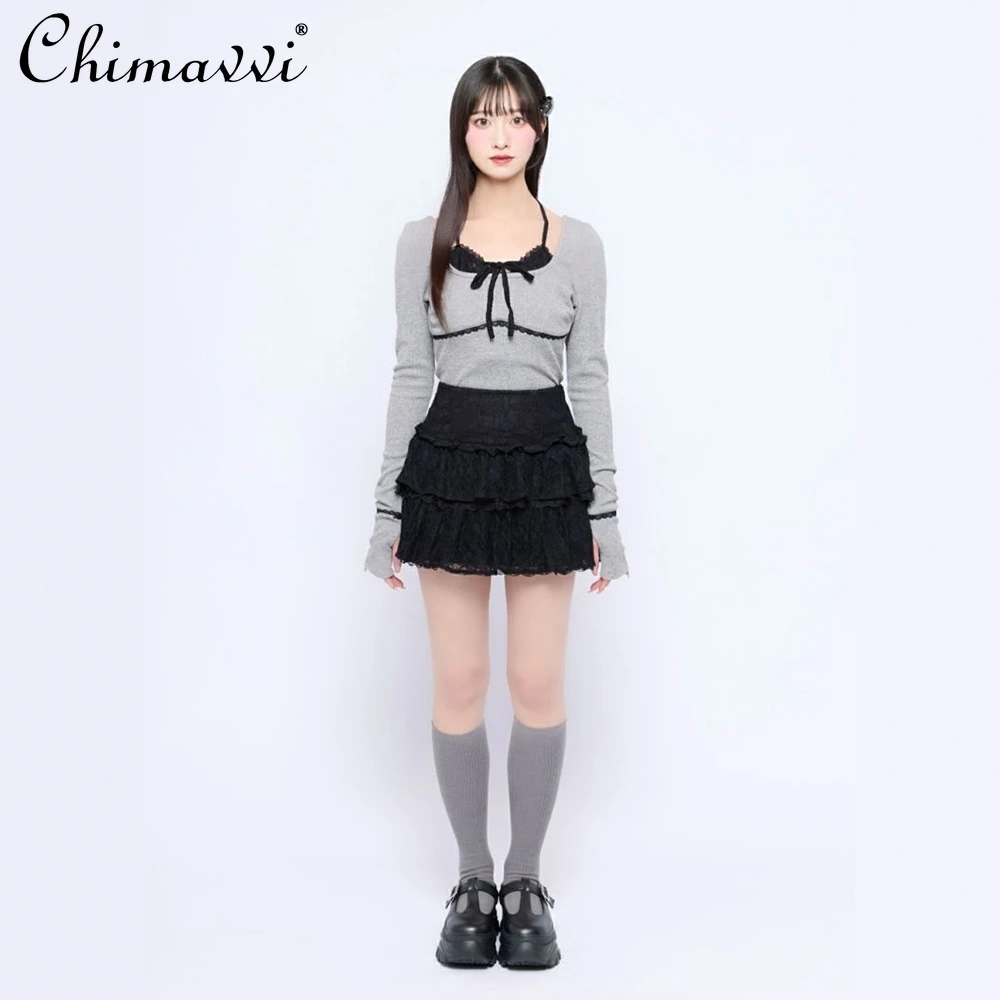Japanese Sweet Lace Patchwork Lace-Up Fake Two-Piece Stretch Long Sleeve T-Shirt Autumn New Fashion Slim Fit Elegant Women's Top