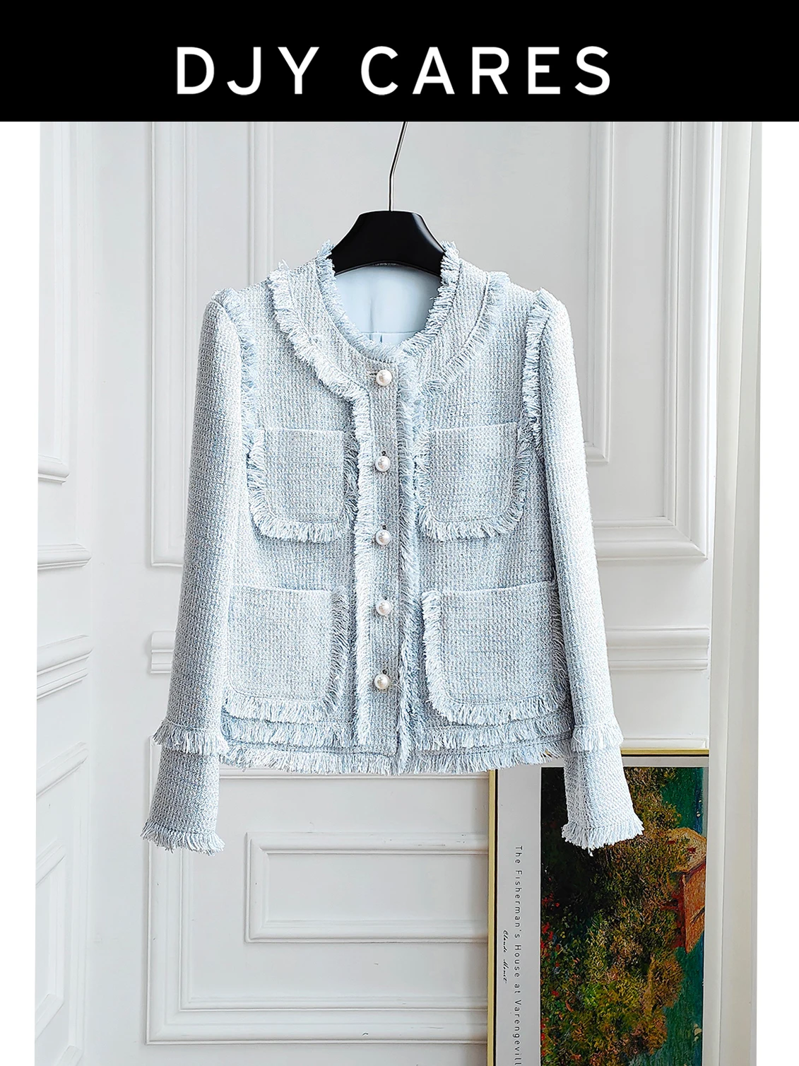 

New Coarse tweed high-end tassel light blue jacket versatile top big size
