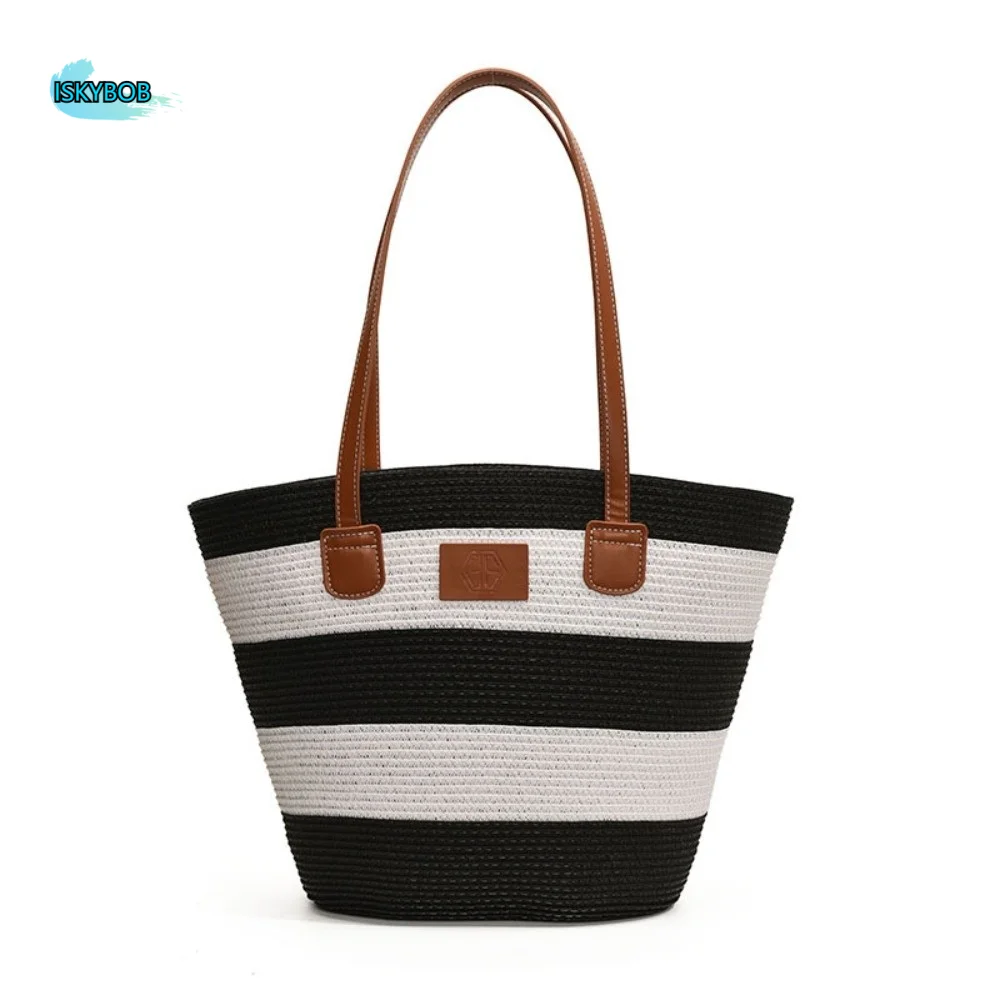 

Вместительная сумка-тоут из плетеной соломки с контрастными полосками, легкая, для покупок, из кожи и полиэстера, летняя пляжная сумка на каждый день
