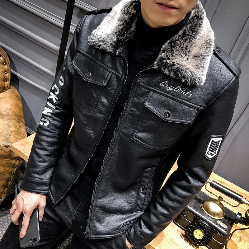 2023 Men Jacket Winter Faux Fur Coat Casual Motor PU Leather Male Spring Autumn Solid Color Vintage Pele Overcoat Leather Jacket