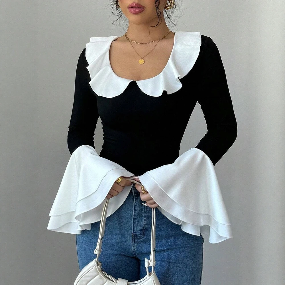 

Женская футболка контрастного цвета с расклешенными рукавами и круглым вырезом, осенне-зимние повседневные французские элегантные футболки