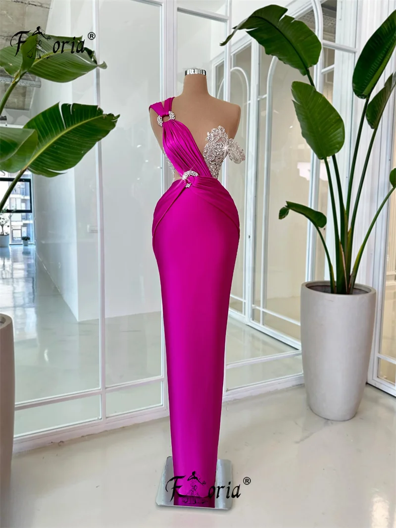 Hot Pink Elegant Sheath Floor Length Prom Dress Beaded Satin Custom Made Evening Party Gown