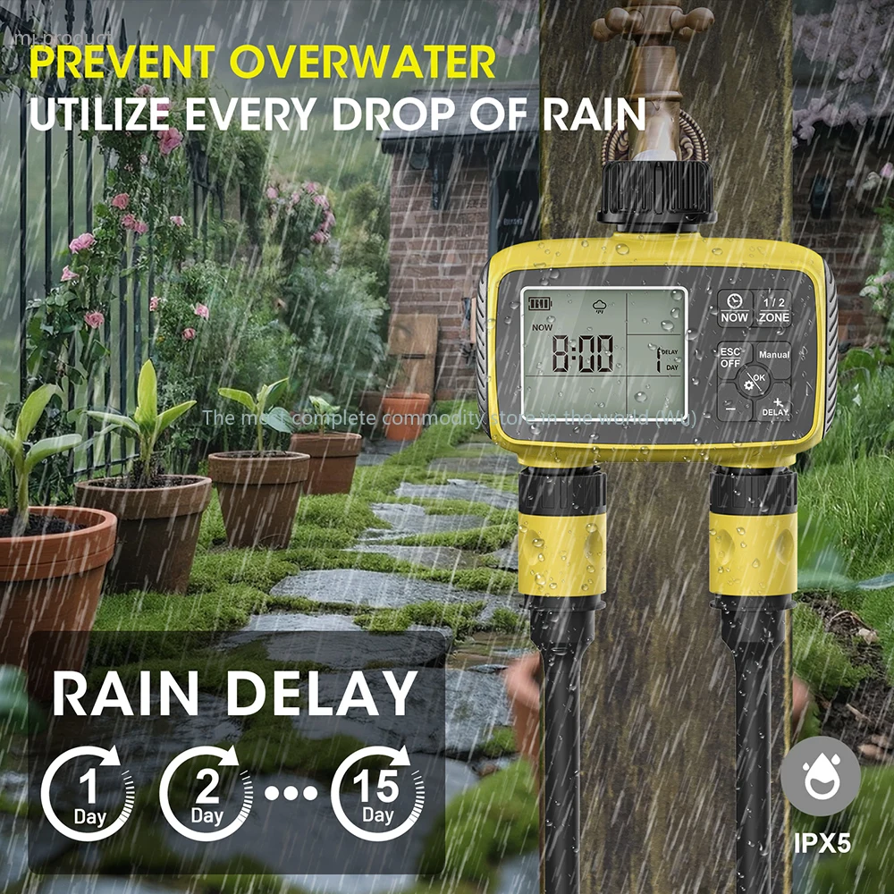 

Large Screen Display Garden Irrigation Timer 2 Outlets Smart Water Timer Irrigation Control System Timed Water Value IPX5