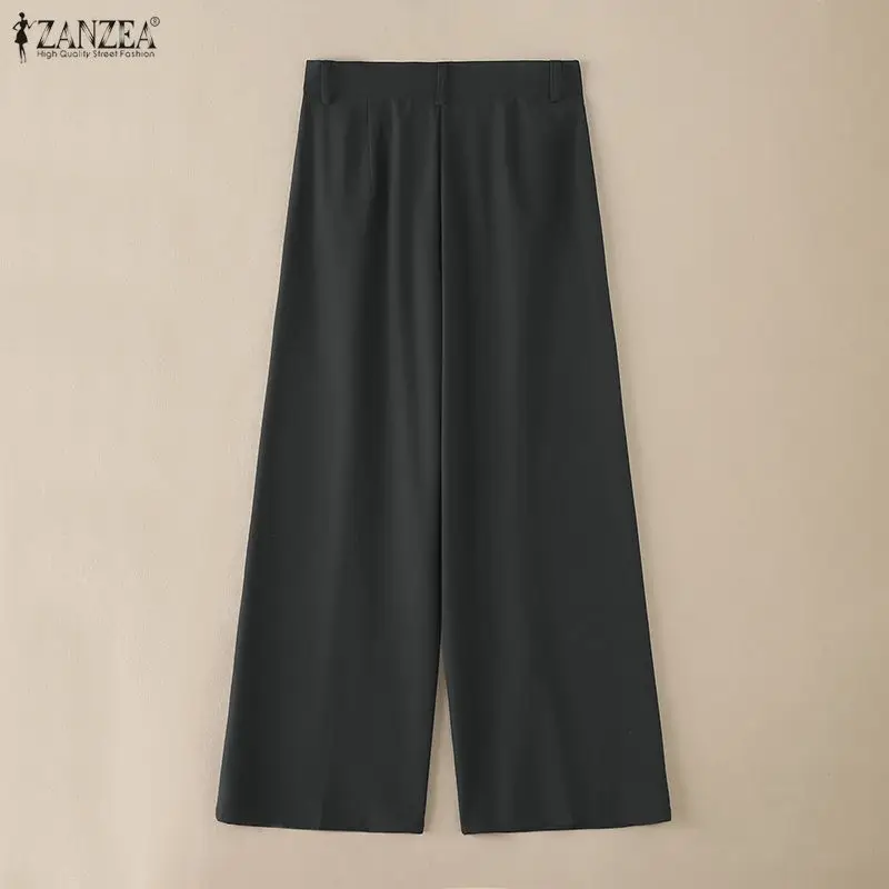 ZANZEA Women Elegant Wide Leg Pants High Waist Zipper-fly Loose Solid Color Trousers Summer Casual Commute Office Pantalones