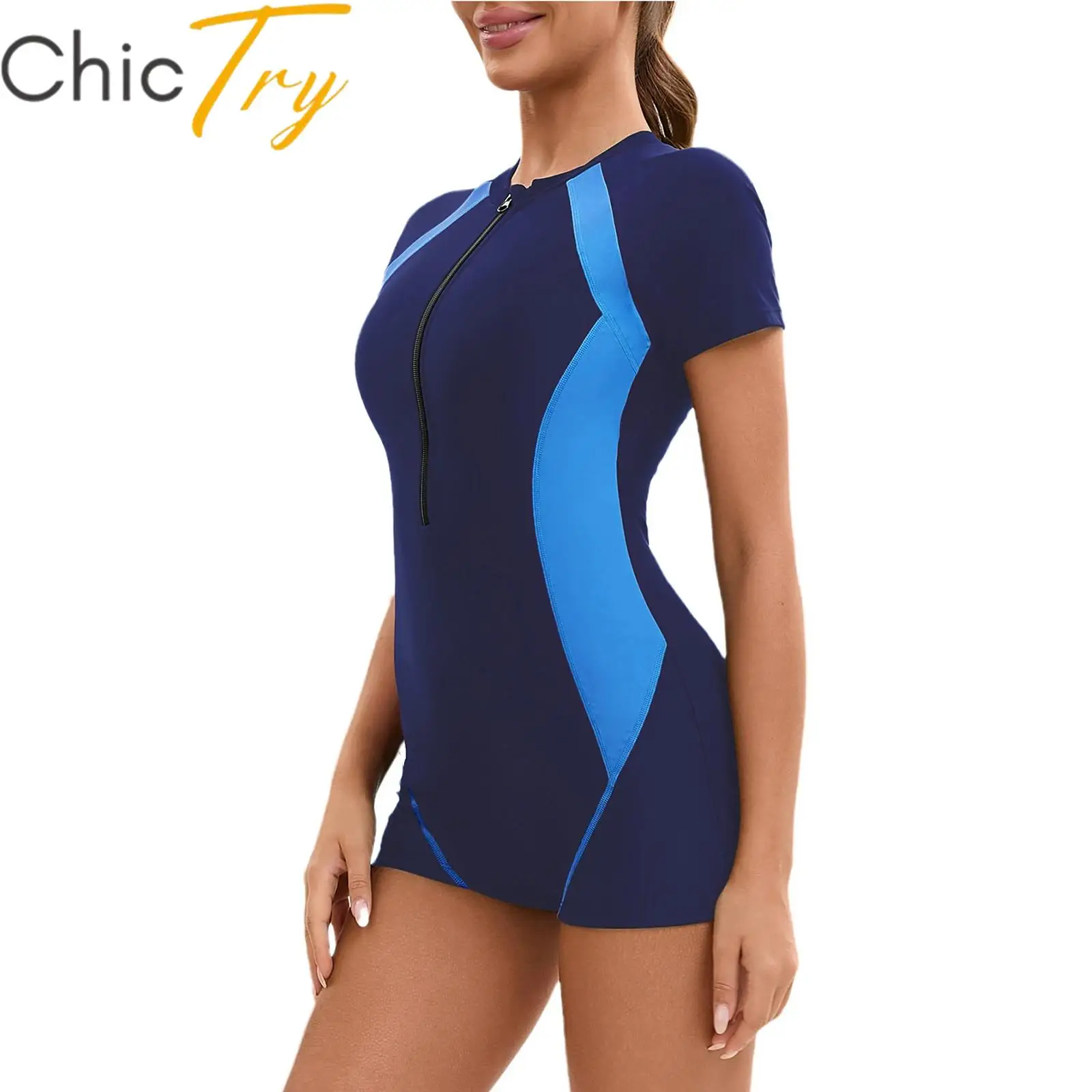 

Womens Swim Leotard Short Sleeve One-Piece Swimsuit Beachwear Swimwear Front Zipper Jumpsuit for Swimming Surfing Bathing Suit