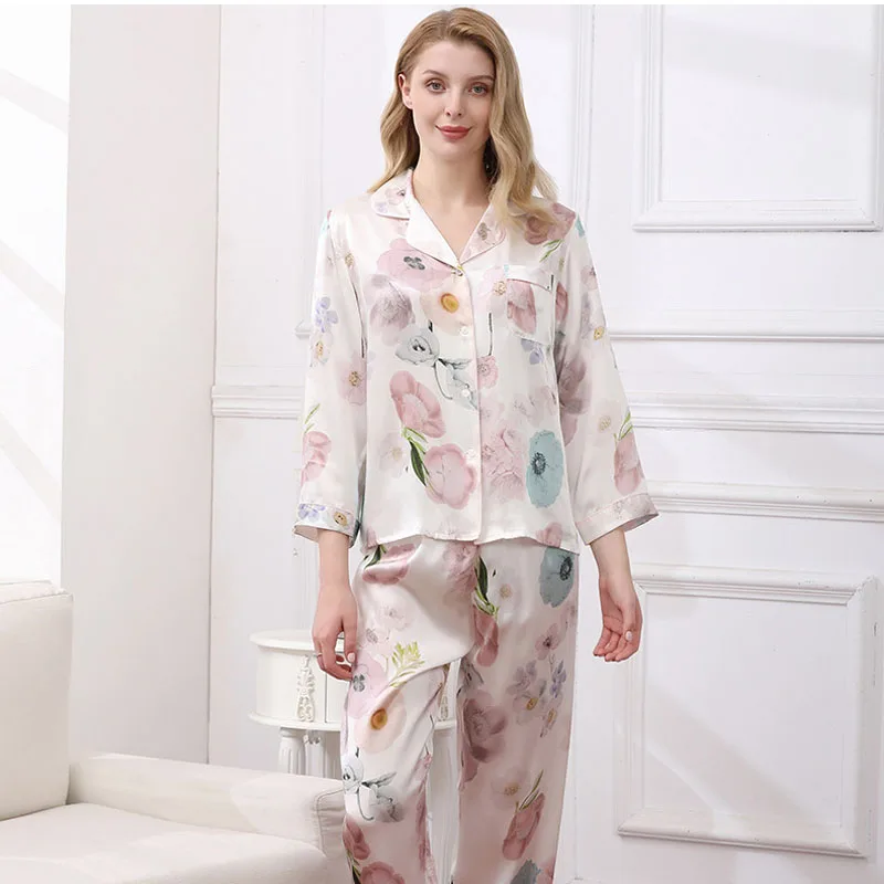 

NEW Summer 16mm 100%Silk Pajamas Set Women Silk Homewear Print Sleepwear High Quality Clothing