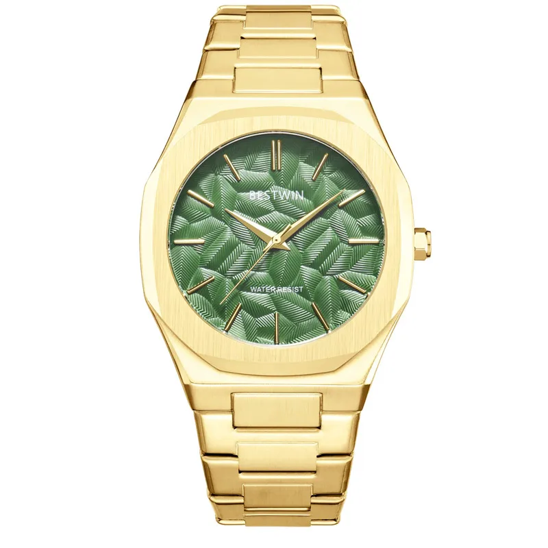 Men's Watch with Embossed Leaf Features Featuring Blue Gold Waterproof Quartz Dial and Steel Strip Business Watch Sports Clock