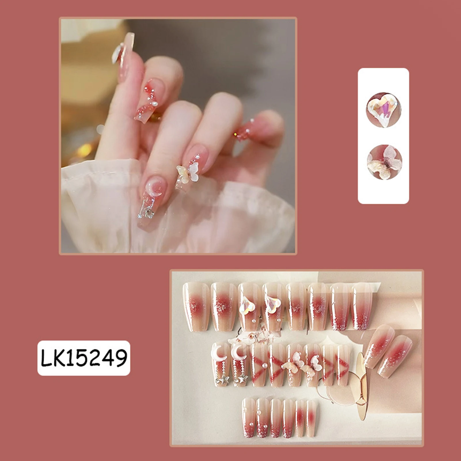 Red Blushed Long Ballerina Nails Waterproof and Scratch-Resistant Fake Nails for Nail Art Starter Beginners