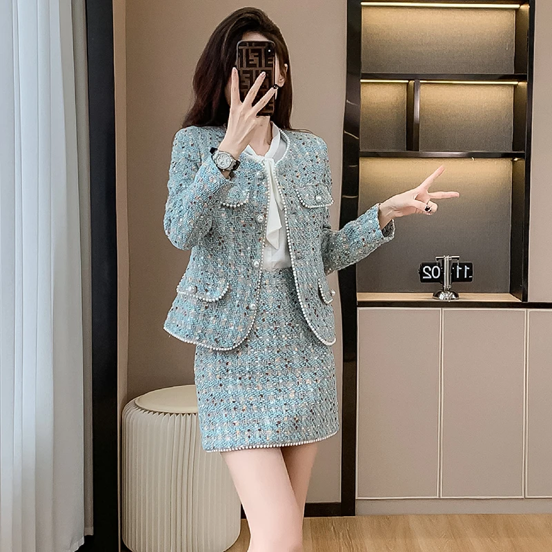 Autumn Winter High Quality New Blue Tweed Two-Piece Set Women Beaded Short Jacket + Mini Skirt Elegant Temperament Chic Suits