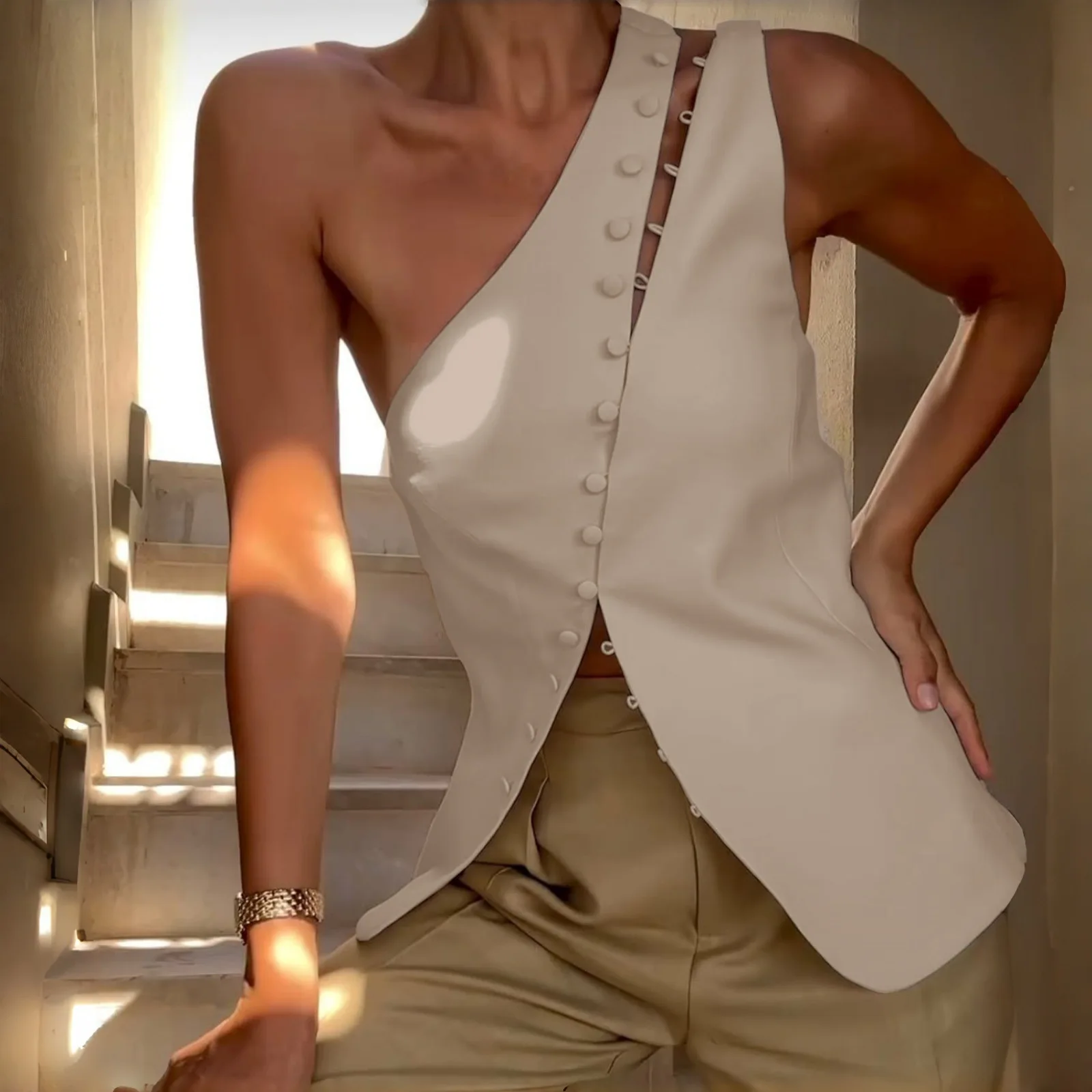 Stylish Design Sleeveless Vest Women Sexy Sleeveless Single Breasted Slim Irregular Vest Street Asymmetrical Summer Lady Blouse