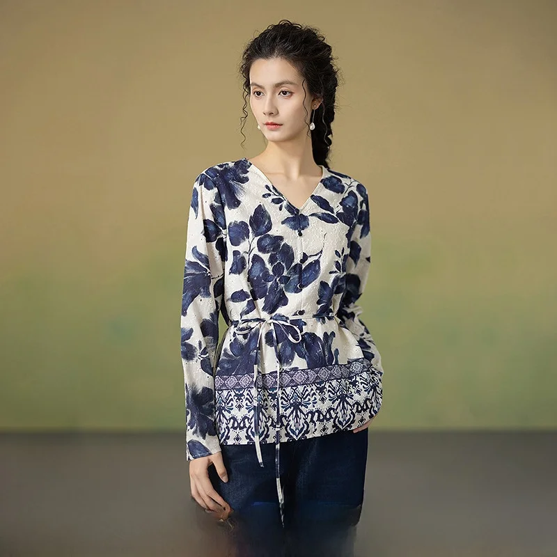 

Women's Slim Fit V-Ne Printed Cotton irt 00% Cotton Vintage Sle Long Sve Regular Thin Abstract Pattern