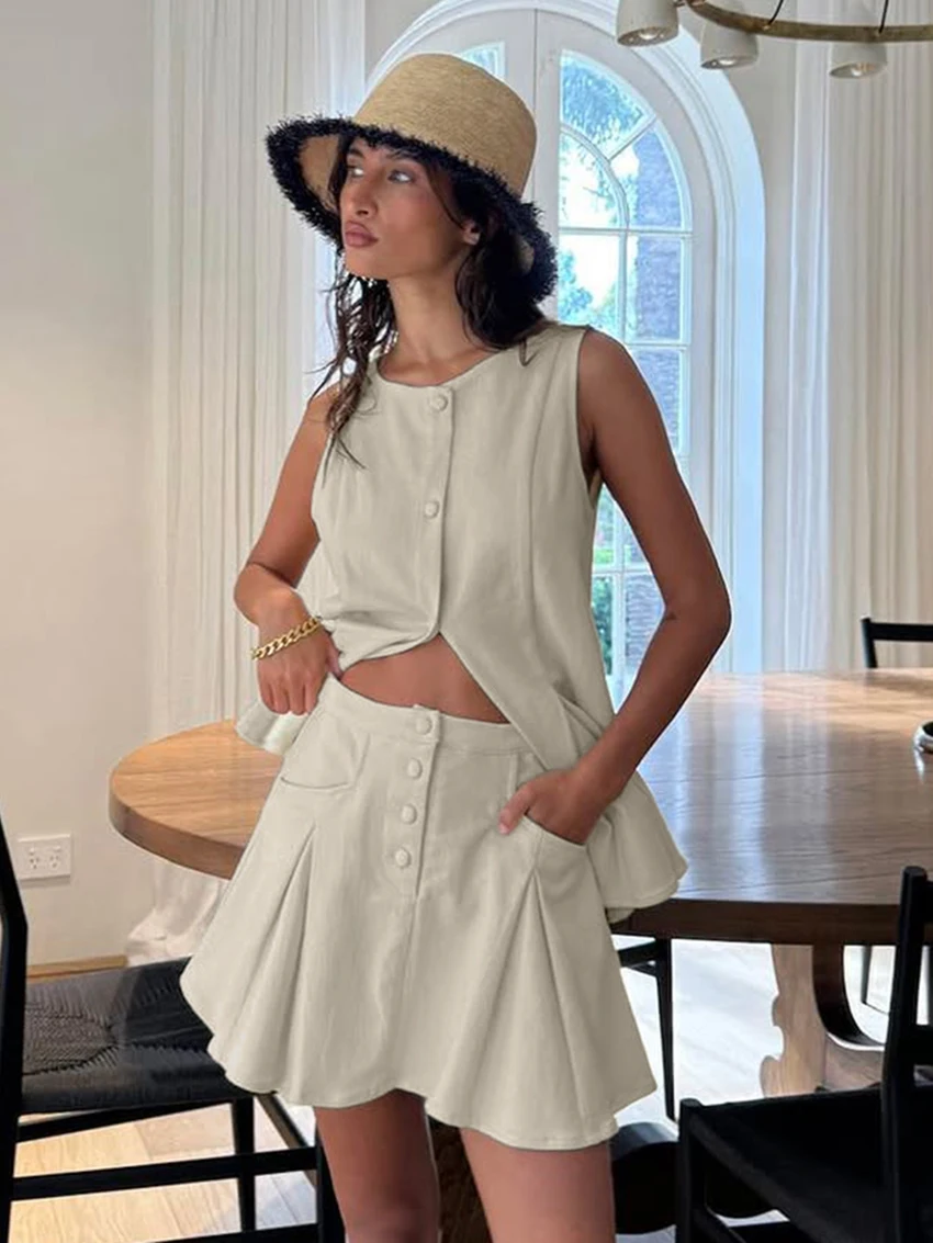 Marthaqiqi Cotton Women Nightwear Suit O-Neck Sleepwear Tank Top Pajamas Sleeveless Nightgowns Skirts Casual Ladies Nightie Set