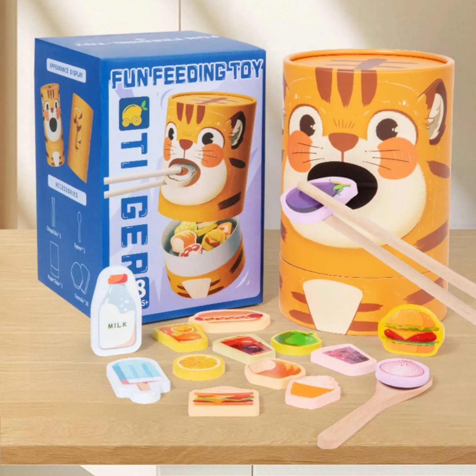 

Chopstick Training Toy Hand-Eye Coordination Wooden Feeding Toy Tiger Feeding Game Color Recognition Pretend Play Set