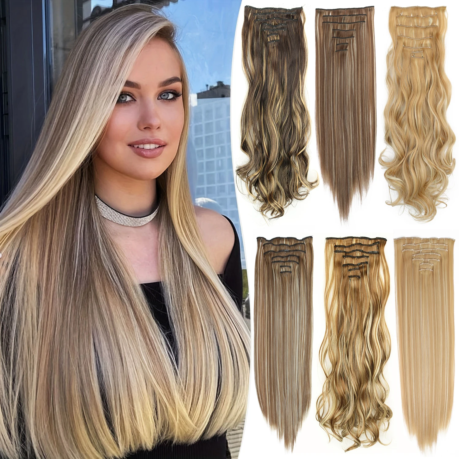 

Long Straight Hairstyle 16 Clips 7Pcs/Set Hair Extensions Natural Synthetic Blonde Black Hairpieces Heat Resistant For Women