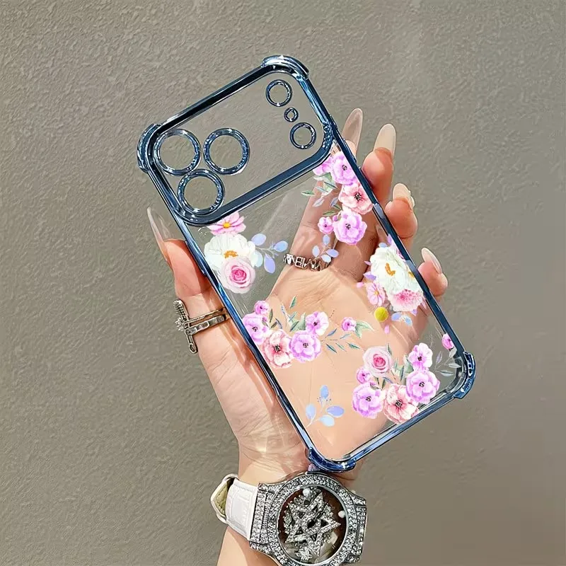 Simple Creative Floral Phone Case For iPhone 17 16 15 14 13 12 11 Pro Max Plus Air 17e 16e Plating Airbag Protection Cover - view 2
