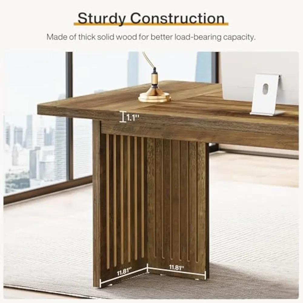 63-Inch Executive Desk, Large Computer Desk with Sturdy Wood Legs & Thickened Tabletop, Mid-Century Modern Study Writing