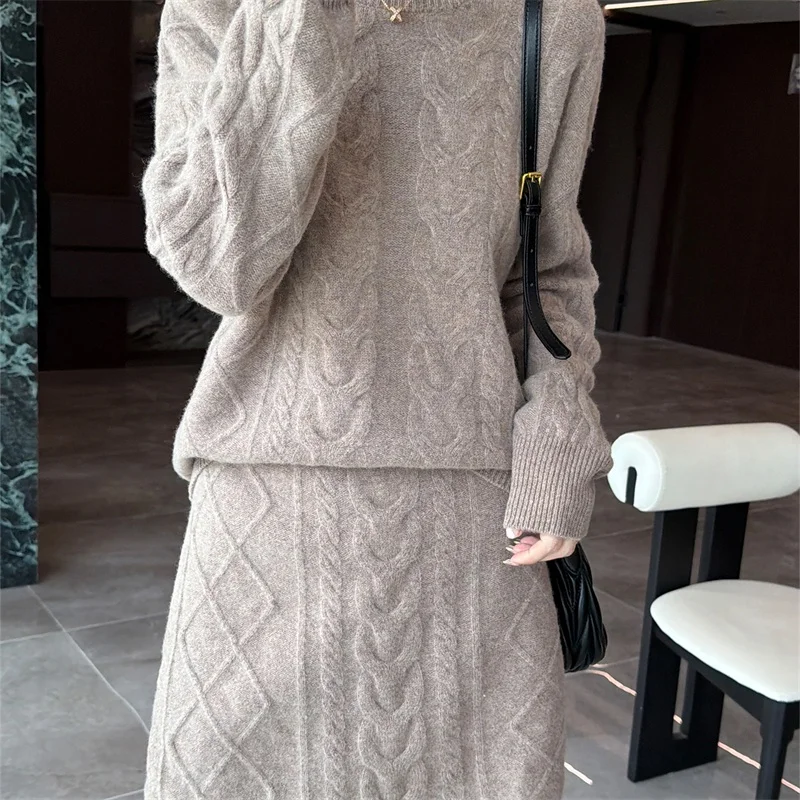 Fashion Knitted Short Skirt Set 100%Pure Wool Thick Loose Round Neck Women's Autumn Winter Comfortable Breathable Pullover
