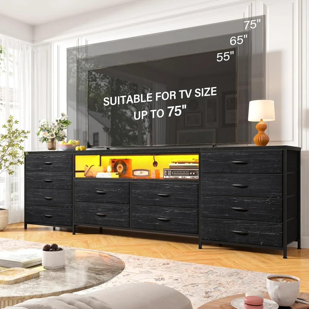 TV cabinet with LED lights and power sockets as well as 12 drawers black living room long fabric TV cabinet entertainment center