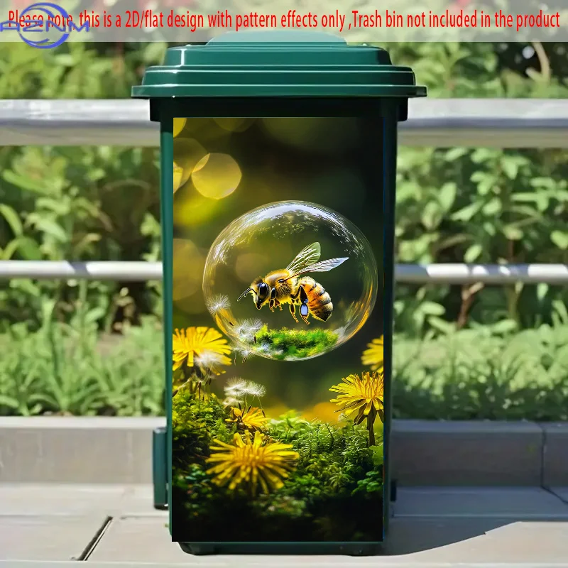 Self-Adhesive Dustbin Sticker - Vibrant Bee in Bubbles with Dandelions & Yellow Flowers Design,  PVC Decal for Trash Cans, Kit