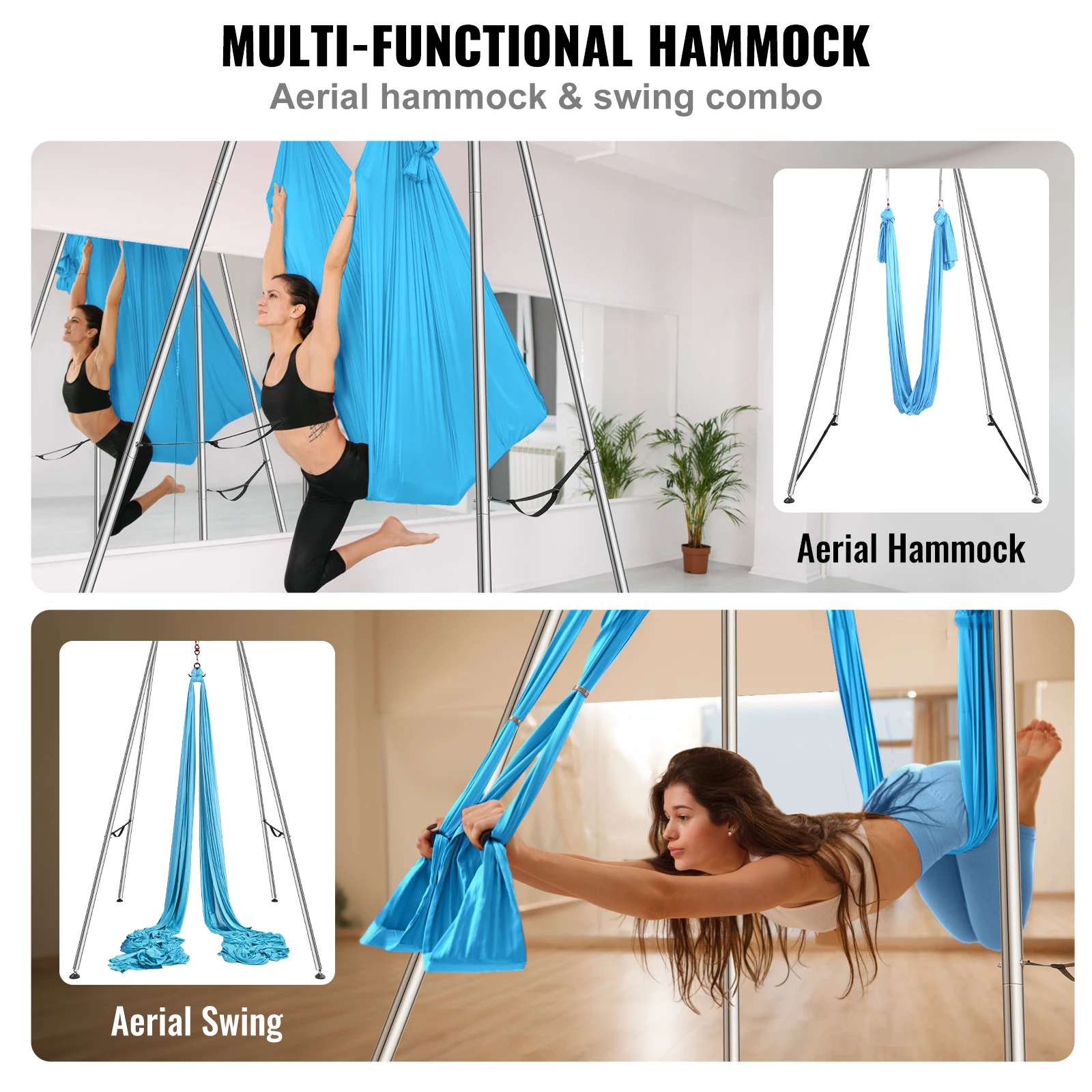 VEVOR Kit Balançoire de Yoga Aérien et Hamac, Support de Yoga Professionnel 295 cm de Hauteur, Hamac Bleu 12x2,6 m, Capacité de Charge Maximale de 250 kg, pour Fitness Musculation Pilates Gym Maison