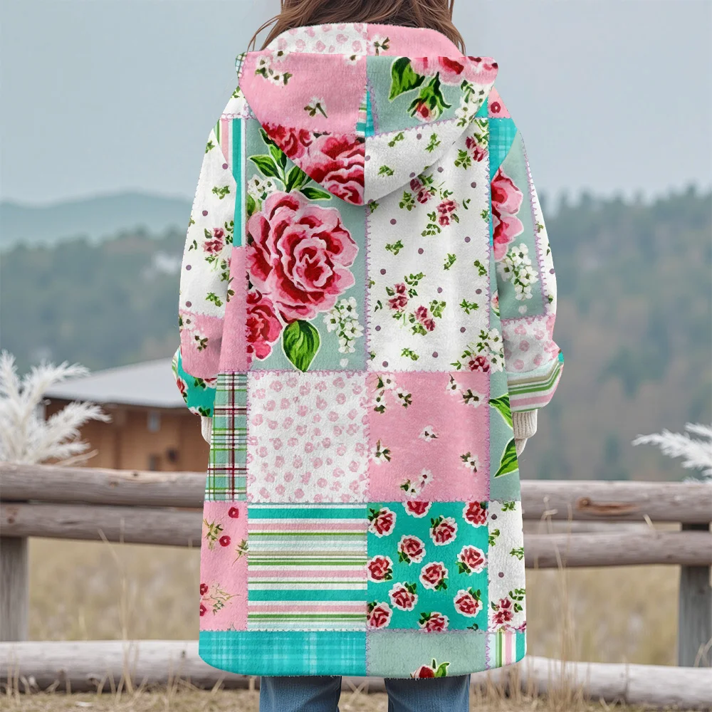 

Новое женское длинное пальто с капюшоном в стиле пэчворк с цветочным принтом, разноцветными узорами, ромашками, клубникой и пуговицами спереди для винтажного стиля