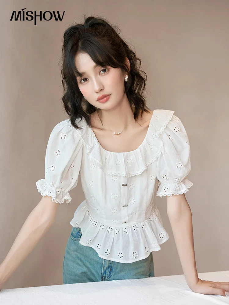 

MISHOW French Doll Top for Women 2023 Summer 100 Cotton Petal Sleeve Pullover Fashion Soft Solid Female Short Blouses MXC37C0038