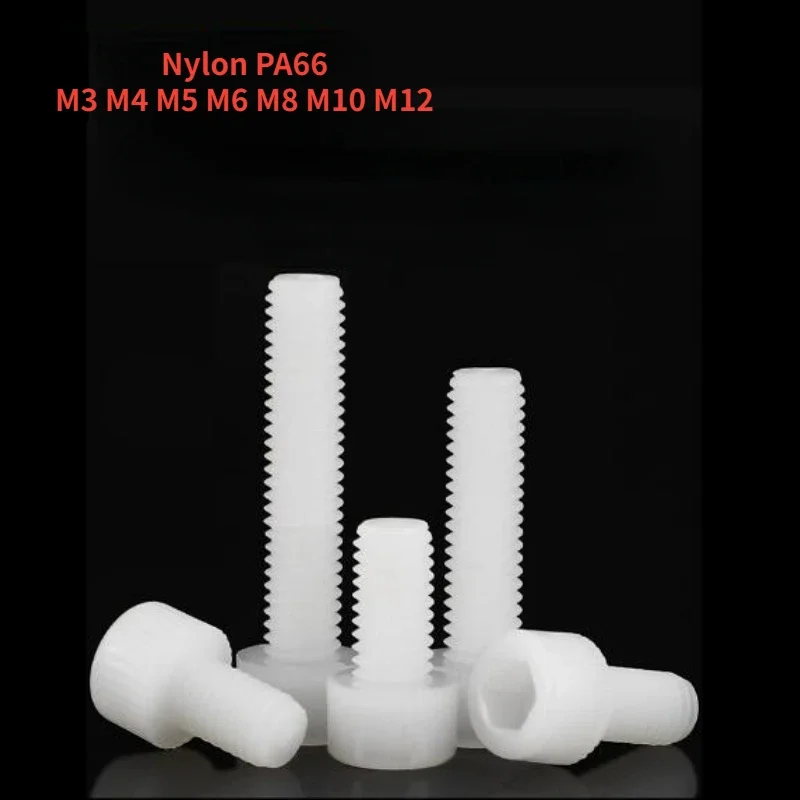 

20-200pcs M3 M4 M5 M6 M8 M10 M12 White Nylon Hexagon Hex Socket Head Screw Cup Head Knurled Plastic Bolt for Insulation Use