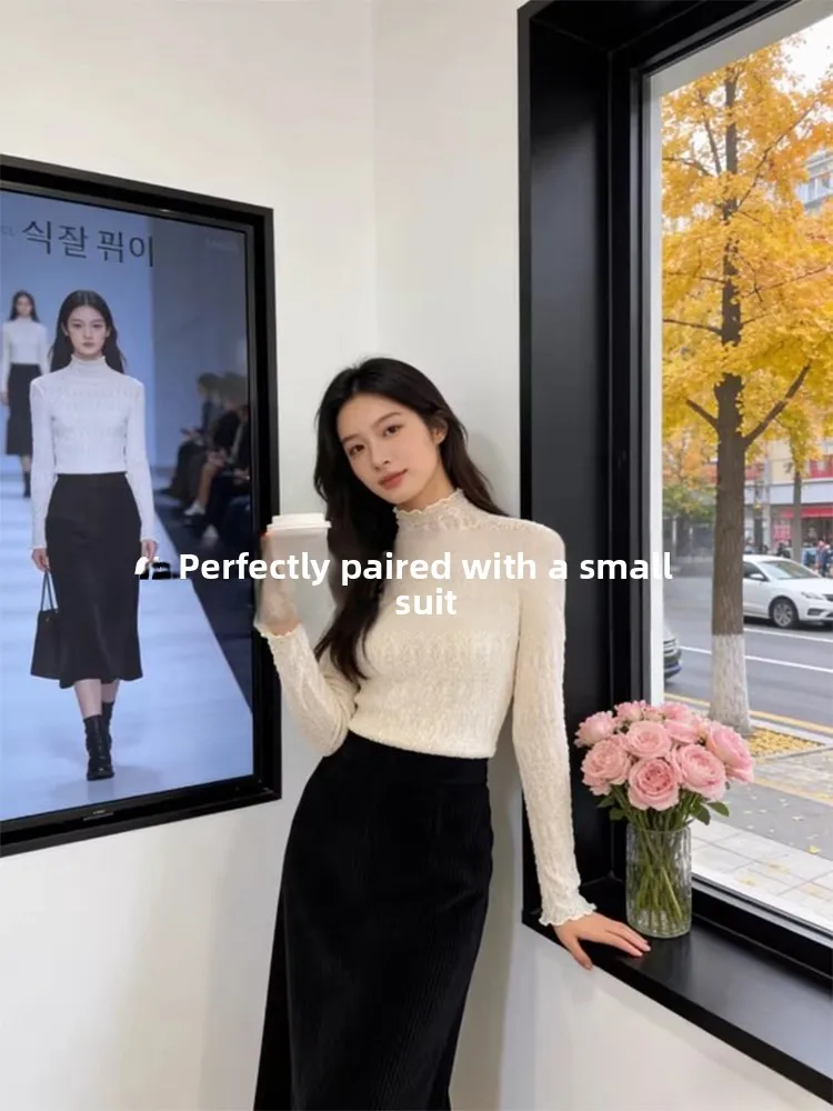 

Lace Base Shirt Women's Thin High Collar Layering Spring Autumn Winter Office Style Embroidered Hollow out Korean Fashion