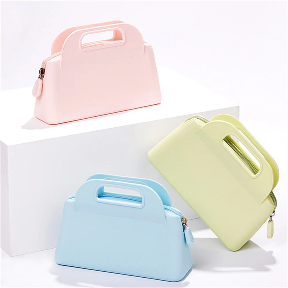 Portable Square Silicone Cosmetic Storage Bag Travel Toiletries Organizer Handbag Zipper Makeup Bags Waterproof Case Pouch