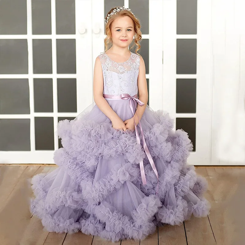 

Pleated Tiered Ruffles Fluffy Lace Flower Girl Dress Sleeveless For Wedding Elegant Princess First Communion Birthday Ball Gowns