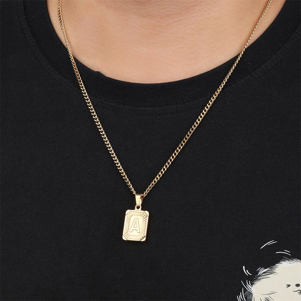 D&Z Fashion Square Letter Pendant Necklace Men Women Hip Hop Gold Color Stainless steel Waterproof Charm Jewelry Birthday Gift