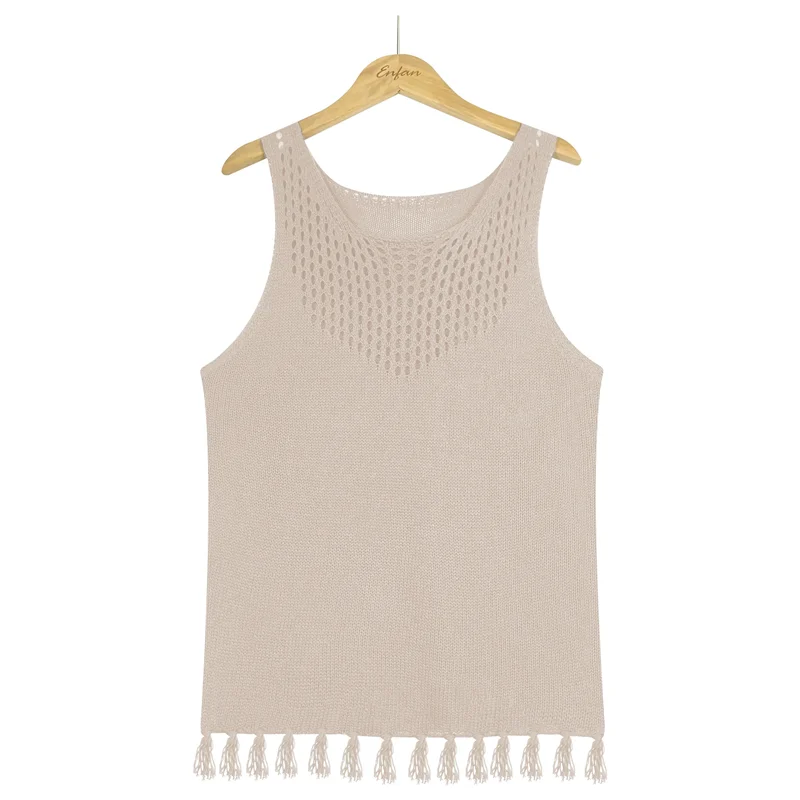 

AG-Womens Summer Knit Sweater Tank Tops Round Neck Crochet Hollow Out Sleeveless Casual Crop Shirt