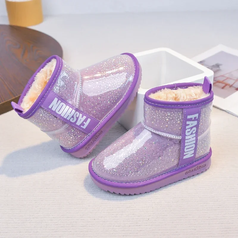 Toddler Girls Shiny Glitter Snow Boots, Fleece Lined Pull‑On Thick Sole Winter Warm Ankle Boots