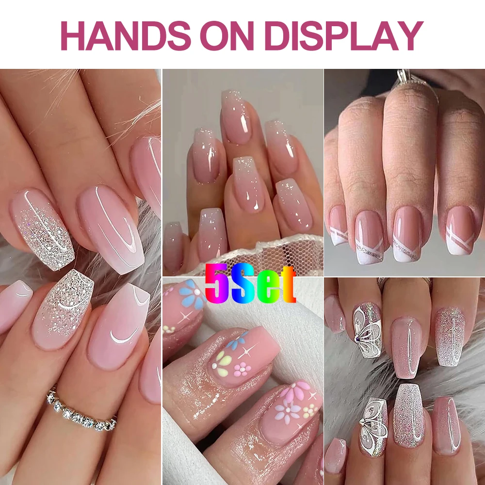 120/96Pcs Summer Nude Pink Fake Nails Mid-French Coffin Ballet False Nail Tips With Glitter Nude Color Full-Cover Nail Tips