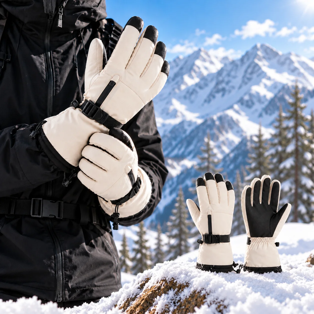 Winter Ski Gloves with Waterproof Fabric Warm Insulated Snow Gloves Anti Slip Palm Adjustable Wrist Strap for Outdoor Sports