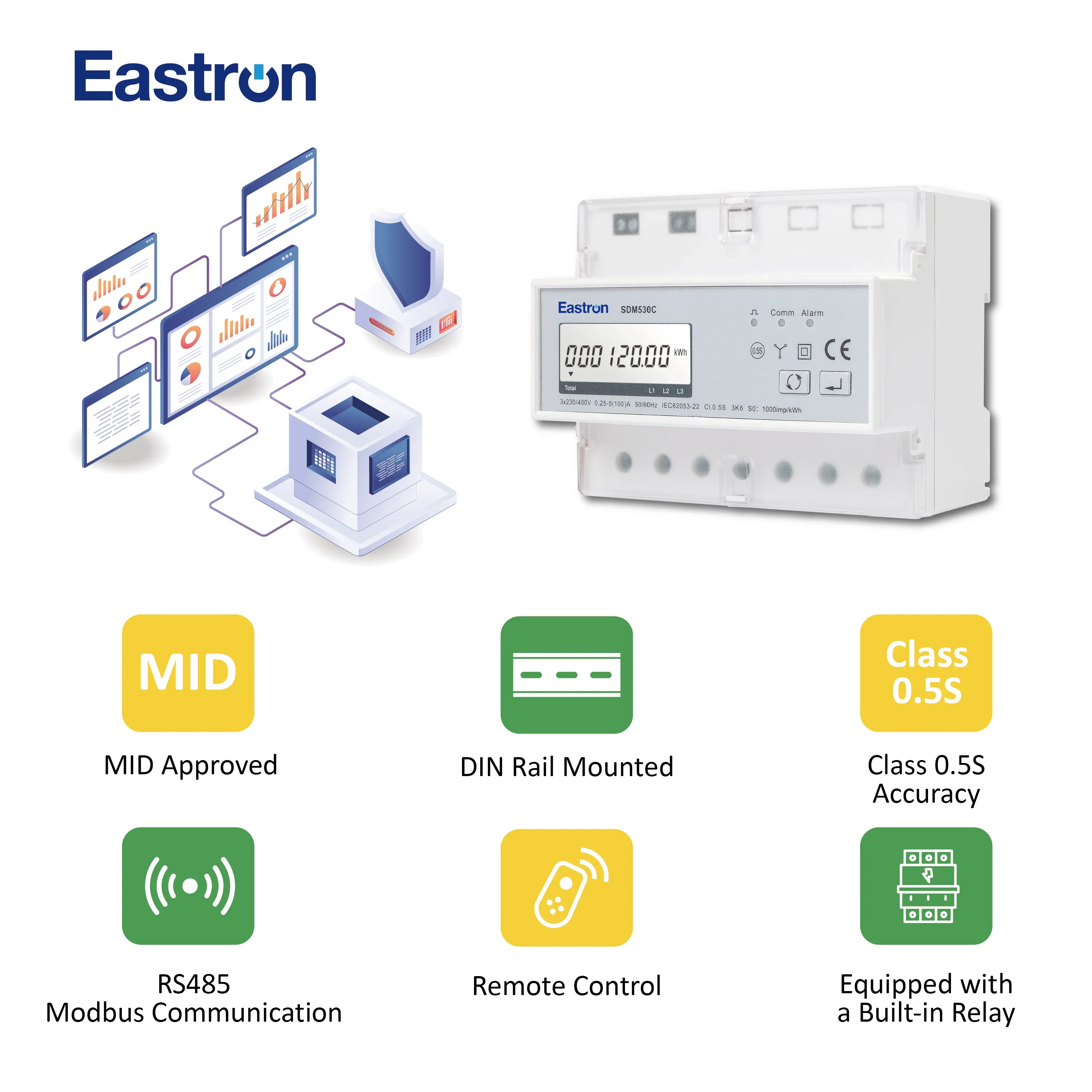 Eastron SDM530C MID Certified Three Phase RS485 Modbus Multi-functional Smart Post-pay Electricity Meter