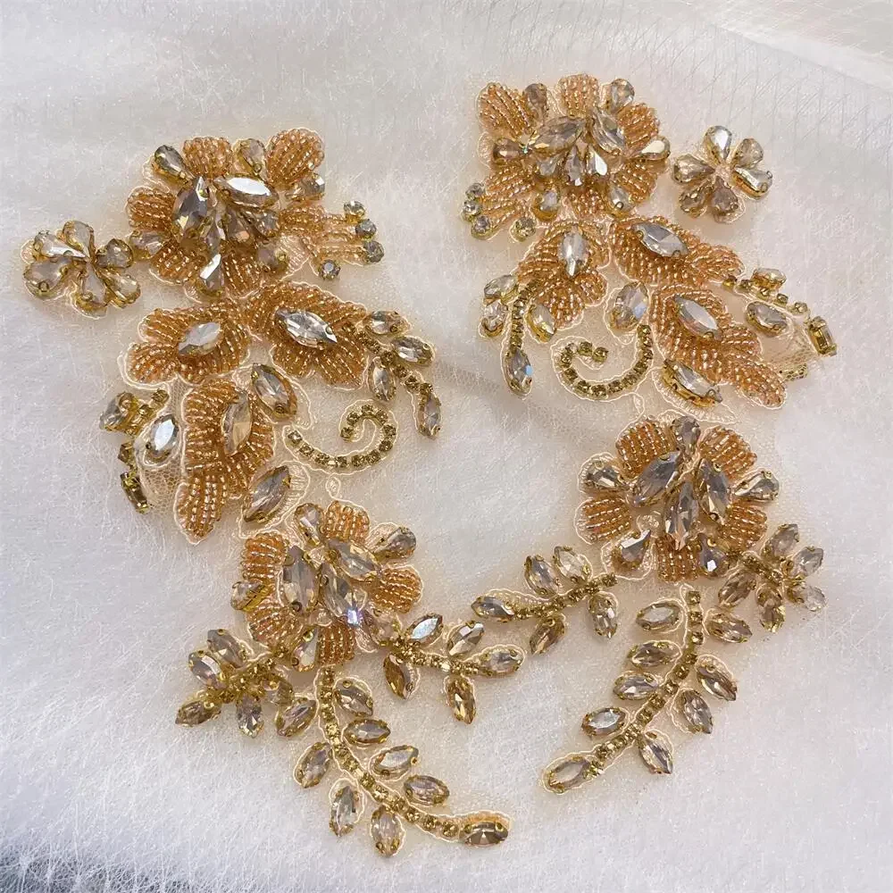 1 Paar handgenähte Glasbohrer-Spiegelblumen, funkelnde Strass-Blumen, Mäntel, Bündchen, Schultern, Hochzeitskleid, DIY-Patch RS4208