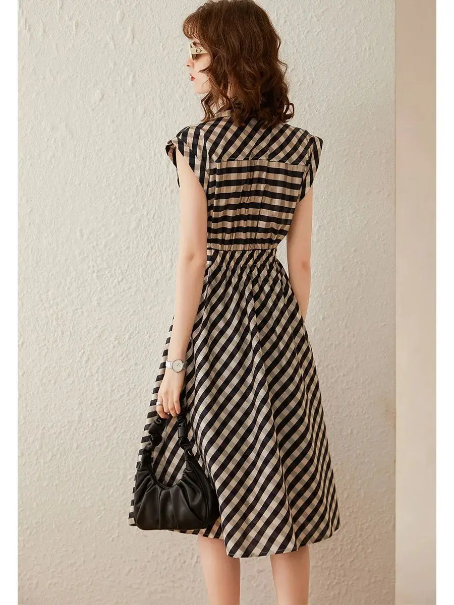 LOUIS YAO Women Dress 2024 Summer Turn Down Collar Short Sleeve Elegant Check Retro Style High Waist With Belt A-line Long Dress