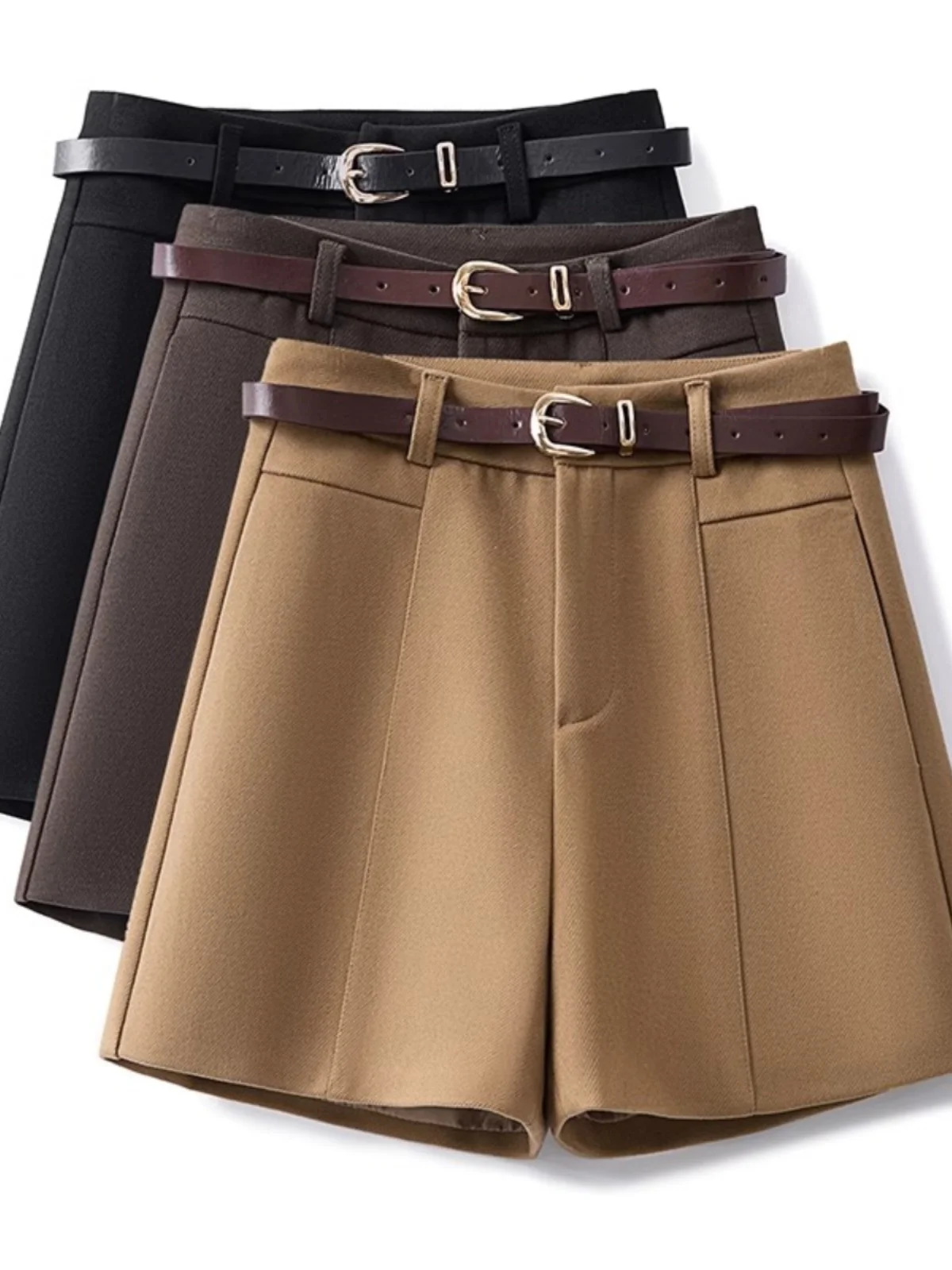 High Waist Wide Leg A-Line Pants Women's Spring Autumn Winter Thickened Fleece Lined Tweed Short Boots Matching Pants