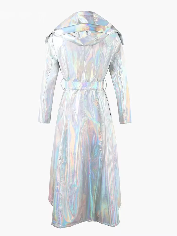 Mauroicardi Spring Long Shiny Reflective Holographic Silver Faux Leather Trench Coat for Women with Hood Zip Up Y2K Streetwear